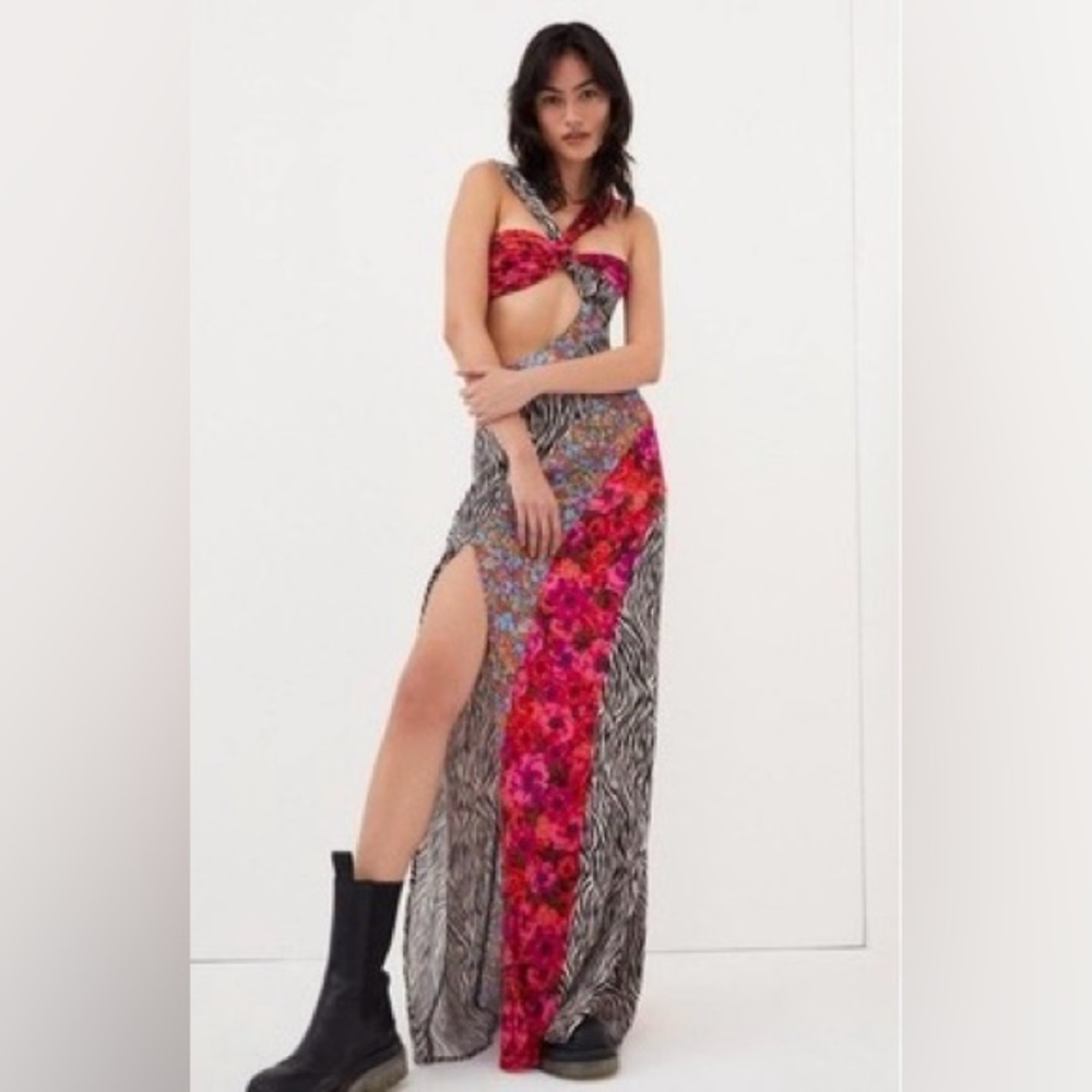 For Love & Lemons Floral Pink Red Multi Print Cutout Maxi Dress